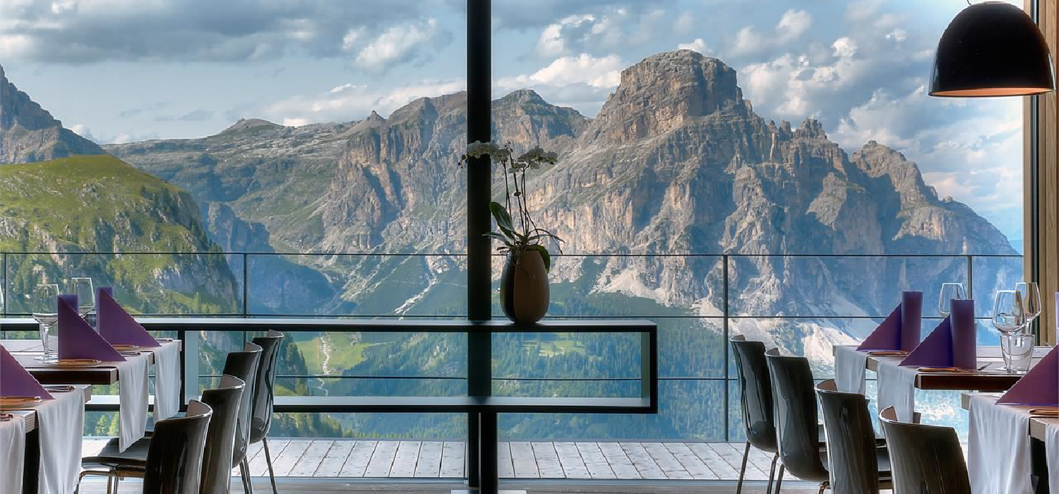 A mountain view of a restaurant