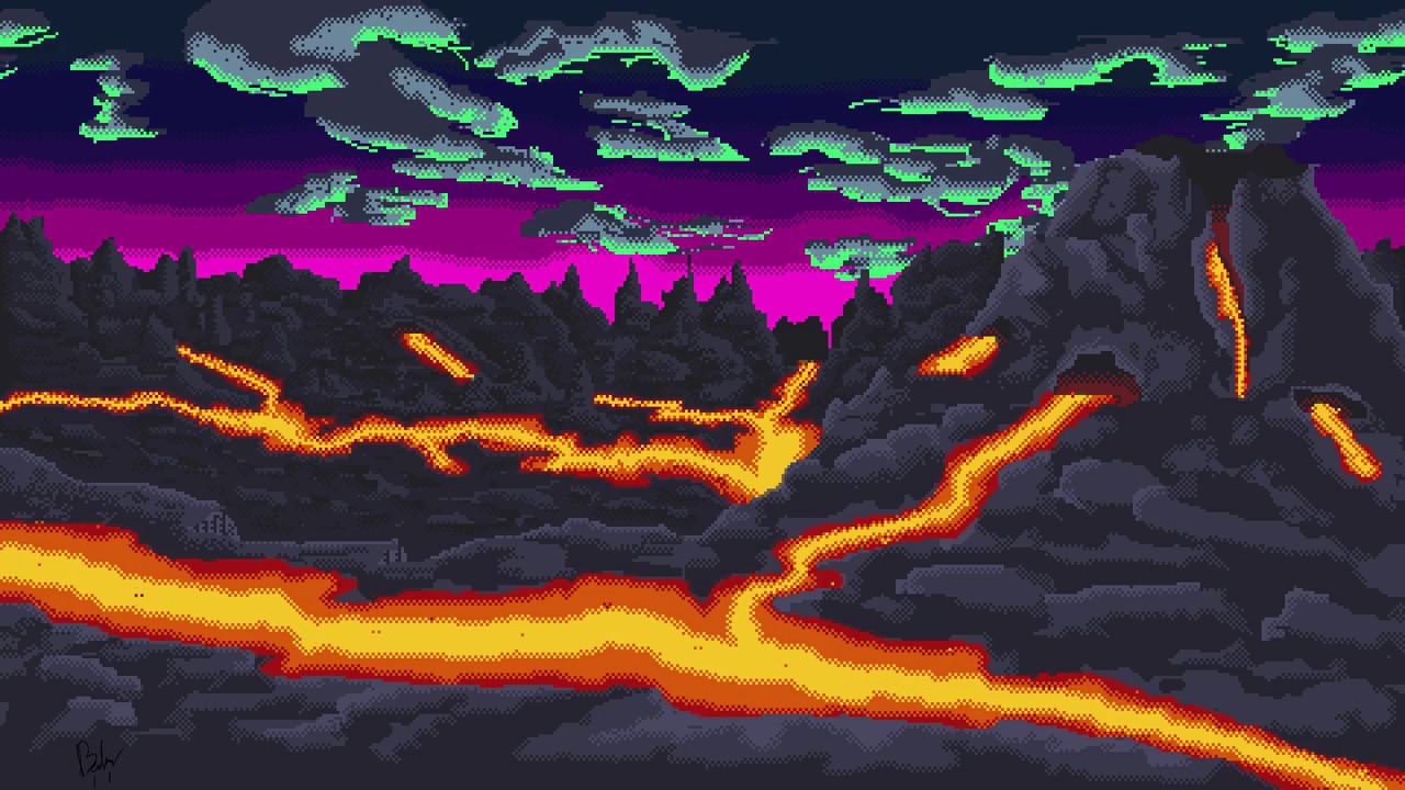 Pixel art of a volcano