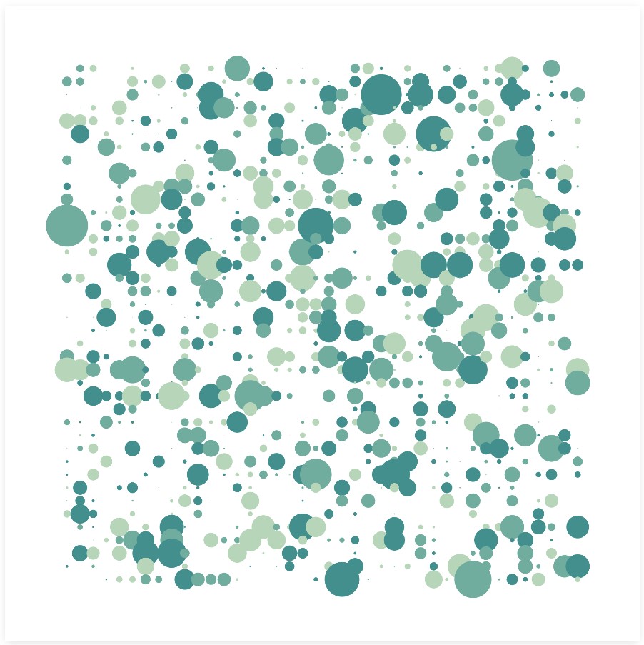 Randomly sized and arranged dots in shades of green on a white background, randomly generated from a javascript coded program