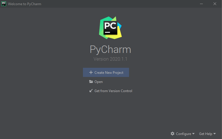 Screenshot of the new/open project file window in pycharm