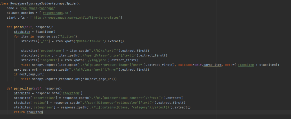screenshot of scrapy python code to create a web scraping program